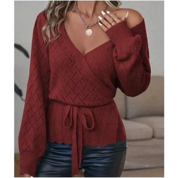 Cozy Scallop Hem Belted Sweater Top - Picture 3 of 9